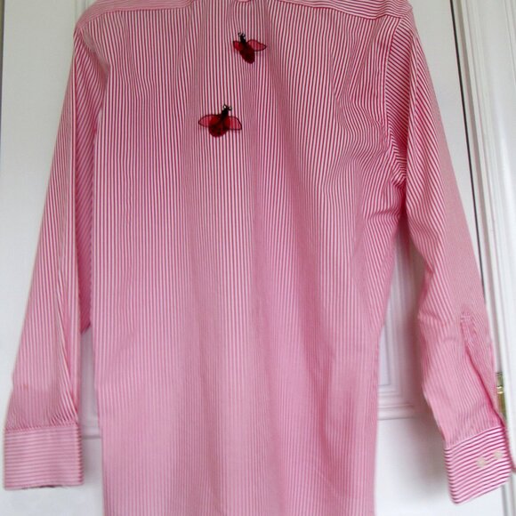 Las Olas Women’s Red White M Shirt Ladybug Embroidery Bling Button Pinstripe - Picture 7 of 10